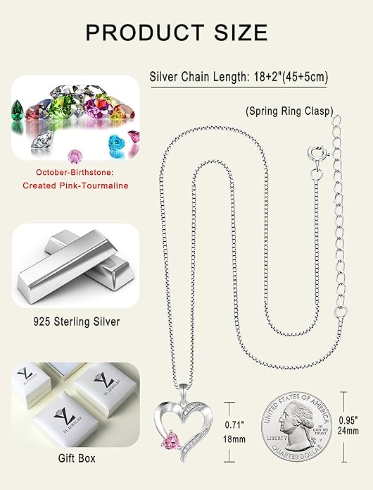 YL Heart Necklace 925 Sterling Silver Love Heart Pendant Birthstone Jewelry for Women