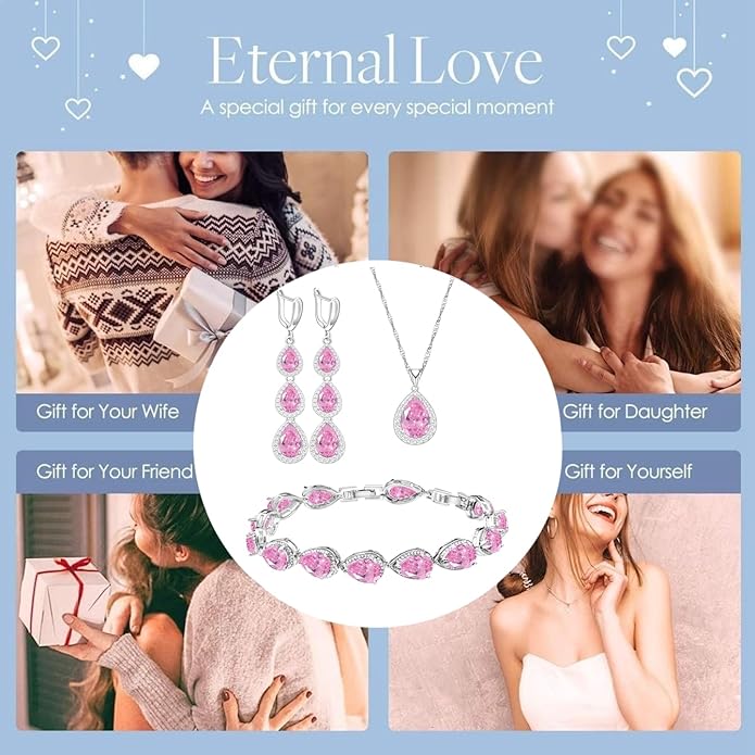 LMXXVJ Necklace Long Earrings Bracelet Set, White Gold Plated Created Blue Sapphire Jewelry Set Wedding Party Gift Jewelry for Women Bridal Bridesmaid