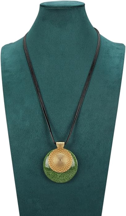 Boho Leather Necklace Women Bohemian Brown Circle Pendant Necklace Choker Long Necklaces for Women Boho Ring Large Pendant