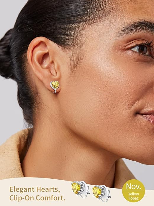 FindChic Sparkling Birthstone Clip On Earrings for Women, Silver Plated Stud Earrings 8MM Cubic Zirconia Non Pierced Studs, 12 Months Birthday Jewelry Gift