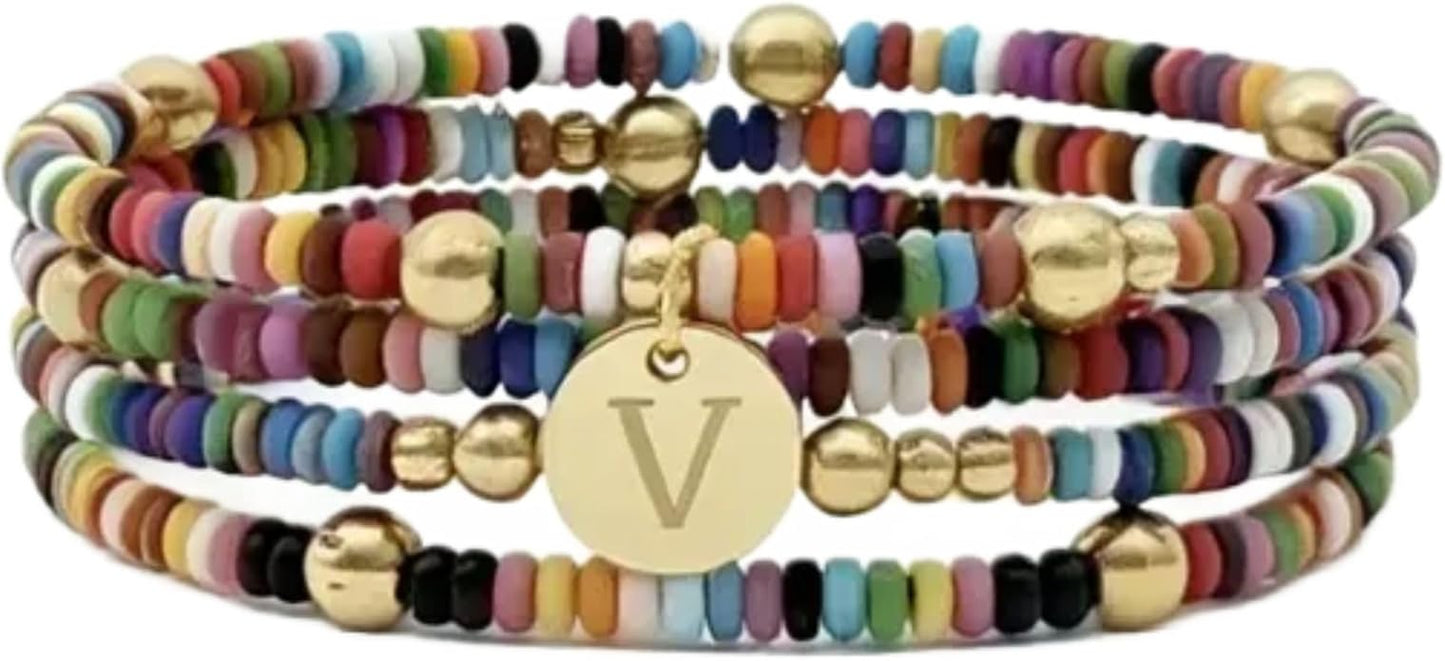 Set of 4 Colorful Bead Initial Bracelets, Personalized Stackable Jewelry, Adjustable Stretchy Charm Bracelets for Women, Beaded Bracelet Set, Trendy Custom Jewelry Gift