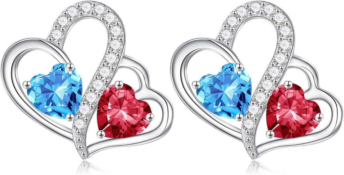 Iefil Valentines Day Gifts for Her - Birthstone Earrings Gift for Women, 925 Sterling Silver Double Heart Birthstone Earrings | Anniversary Birthday Gifts for Women, Personalized Jewelry for Wife Mom