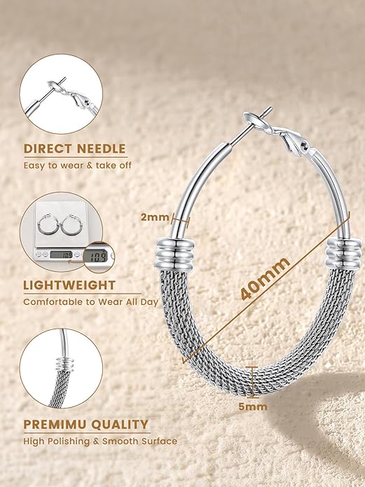 KeyStyle Mesh Hoop Earrings for Women, Stainless Steel Gold Hoops Earring Lightweight Loops, 2MM Thick Hypoallergenic Circle Endless Hollow Hoop 20mm-80mm