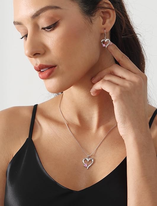 YL Heart Necklace 925 Sterling Silver Love Heart Pendant Birthstone Jewelry for Women