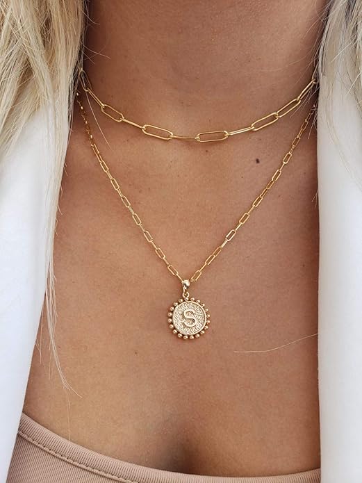 Yoosteel Valentines Gifts for Women Her - Gold Layered Initial Necklaces for Women 14K Gold Plated Dainty Layering Paperclip Link Chain Necklace Coin Initial Necklace Birthday Gifts for Teen Girls
