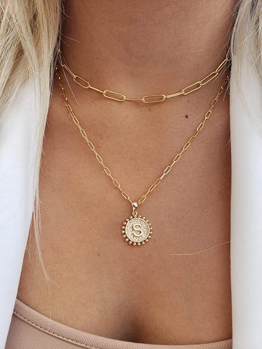 Yoosteel Valentines Gifts for Women Her - Gold Layered Initial Necklaces for Women 14K Gold Plated Dainty Layering Paperclip Link Chain Necklace Coin Initial Necklace Birthday Gifts for Teen Girls