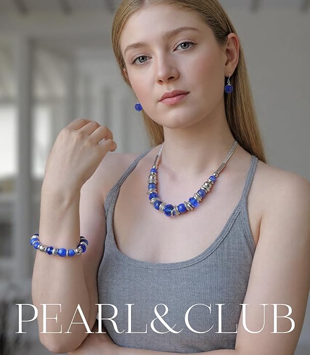 PEARL&CLUB Silver Beaded Statement Necklaces for Women Chunky Bead Necklace Bracelet and Earring Costume Jewelry Sets Gifts for Mom