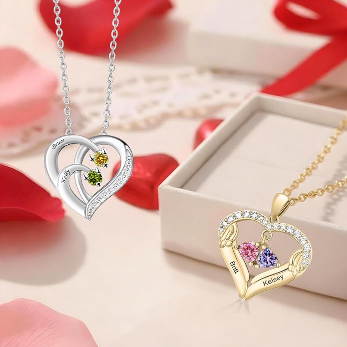 MissNaNa Sterling Silver Personalized 2 Names Heart Necklace with 2 Birthstone Couple I Love You Heart Pendant Necklace Jewelry Gift for Her Wife Girlfriend Mom