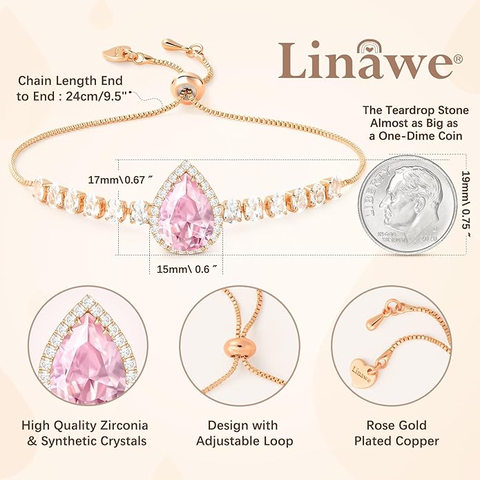 Linawe Crystal Imitation Diamond Rhinestone Charm Bracelets for Women, Gold/Silver/Rose Gold Adjustable Chain Bracelet, Teardrop Birthstone Cubic Zirconia Prom Costume Wedding Jewelry