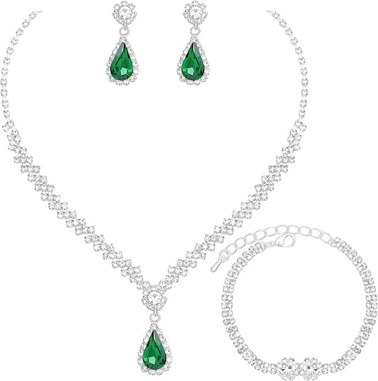 HONGLU Elegant Crystal Necklace Earrings Bracelets Set Silver Bridal Wedding Jewelry Sets Bride Bridesmaids Prom Formal Costume Accessories for Women