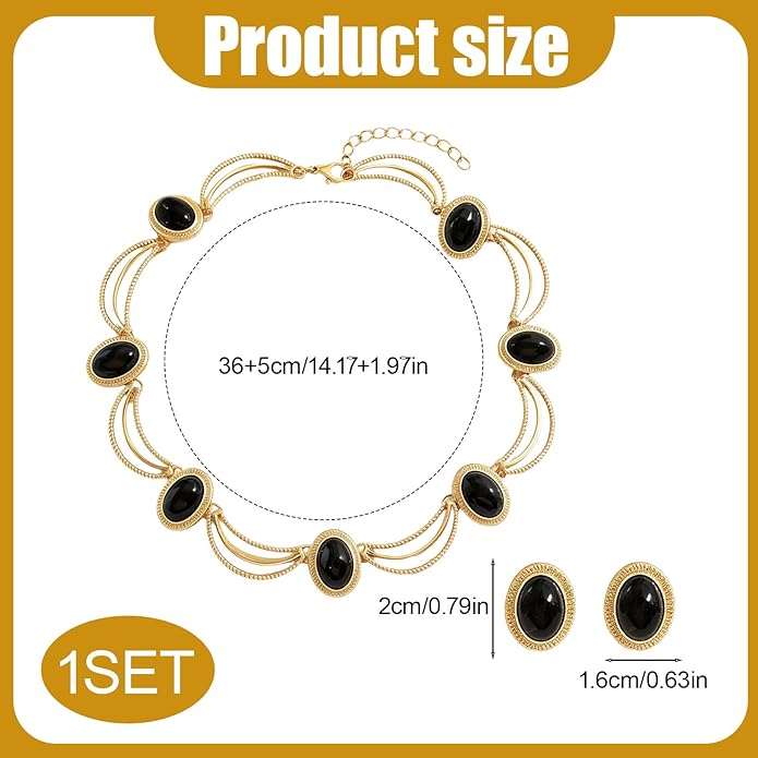 Black and Gold Jewelry Sets for Women, Gold Plated Textured Metal Necklace and Earrings Set with Deep Black Oval Stones, Coordinated Accessories for Wedding Party Gala