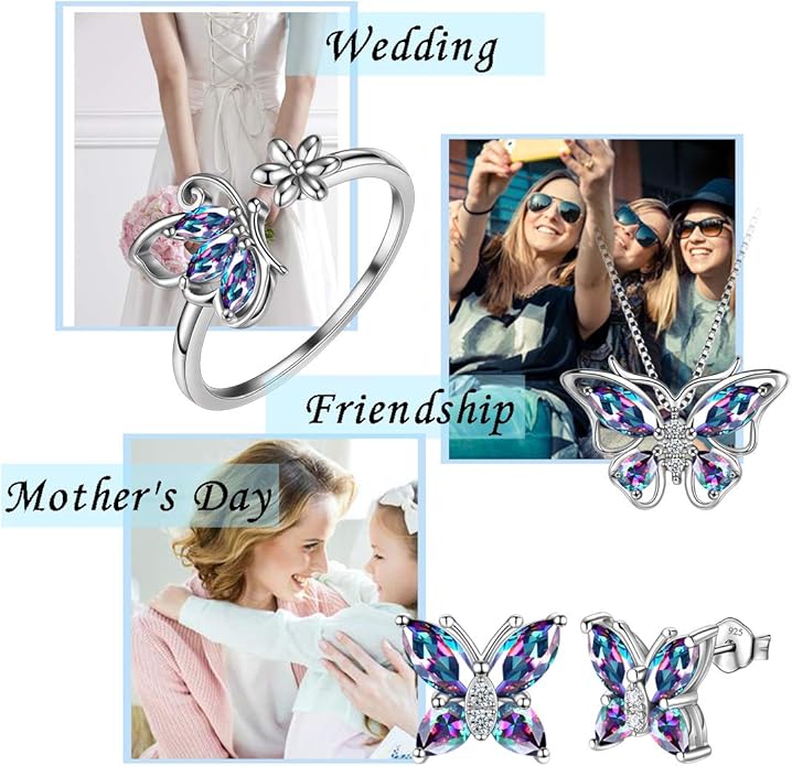 Aurora Tears Butterfly Jewelry,Women 925 Sterling Silver Butterflies Birthstone Pendant Necklace/Earrings/Rings Wedding Gift