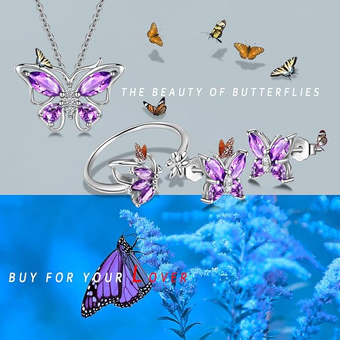925 Sterling Silver Birthstone Butterfly Jewelry Women Crystal Animal Cute Butterflies Birthday Necklace/Earring/Ring/Bracelet Sets Birth Stone Statement Anniversary Jewellery