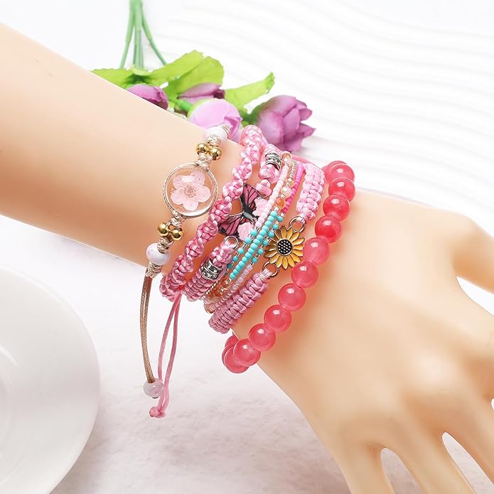 DS 6PCS String beads Charm Bracelets for Teen Girls Handmade Braided Rope Butterfly daisies Eternal flower Boho Surfer Bracelet for women Adjustable friendship Stretch birthday jewelry Gift Friends