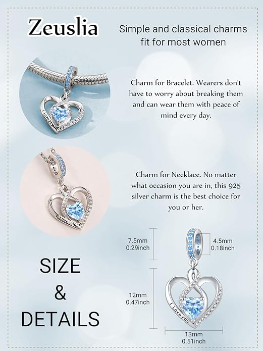 Heart Birthstone Charms for Bracelets, 925 Sterling Silver Women Bead Charms for Charm Bracelets Necklace, Mother's Day Birthday Anniversary Jewelry Gifts for Wife Mom Grandma Daughter