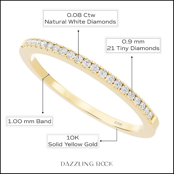 Dazzlingrock Collection Valentine's Day Gift 0.08 Ctw Womens Diamond Wedding Band, Real Natural Round White Diamond Minimalist Thin Stackable Ring for Her in 10K Solid Gold