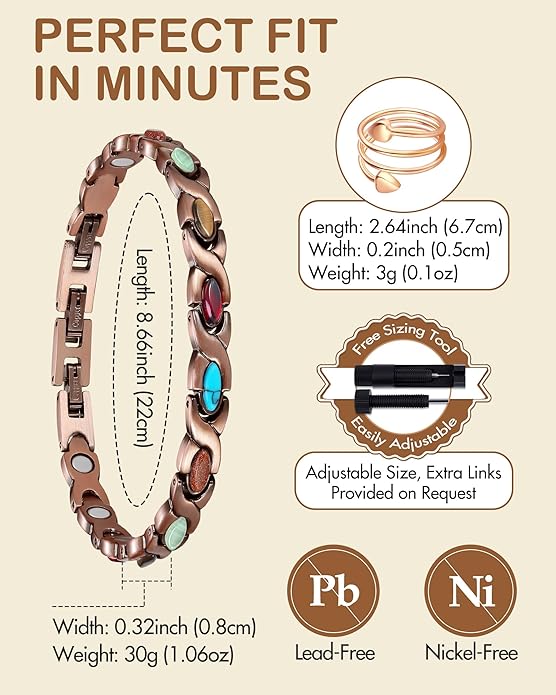 Feraco Pure Copper Bracelets & Rings for Women, Ultra Strength Magnetic Bracelet with 3800 Gauss Magnets & Natural Turquoise & Stones, Adjustable, Jewelry Gift