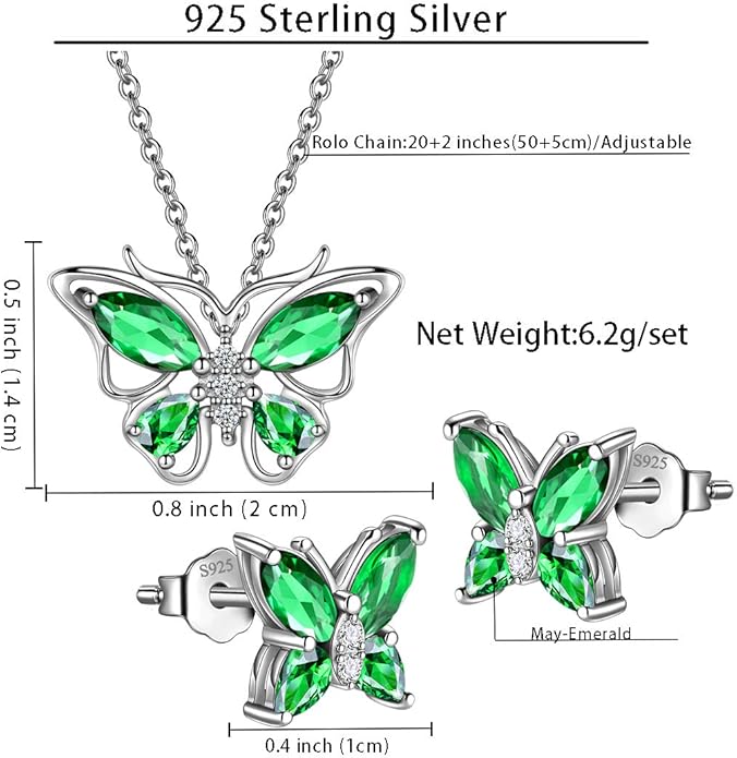 925 Sterling Silver Birthstone Butterfly Jewelry Women Crystal Animal Cute Butterflies Birthday Necklace/Earring/Ring/Bracelet Sets Birth Stone Statement Anniversary Jewellery