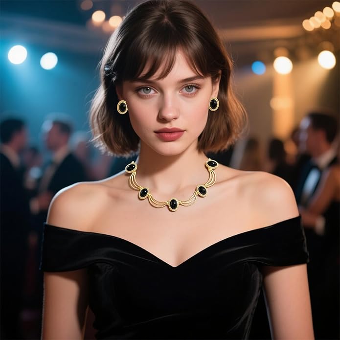 Black and Gold Jewelry Sets for Women, Gold Plated Textured Metal Necklace and Earrings Set with Deep Black Oval Stones, Coordinated Accessories for Wedding Party Gala