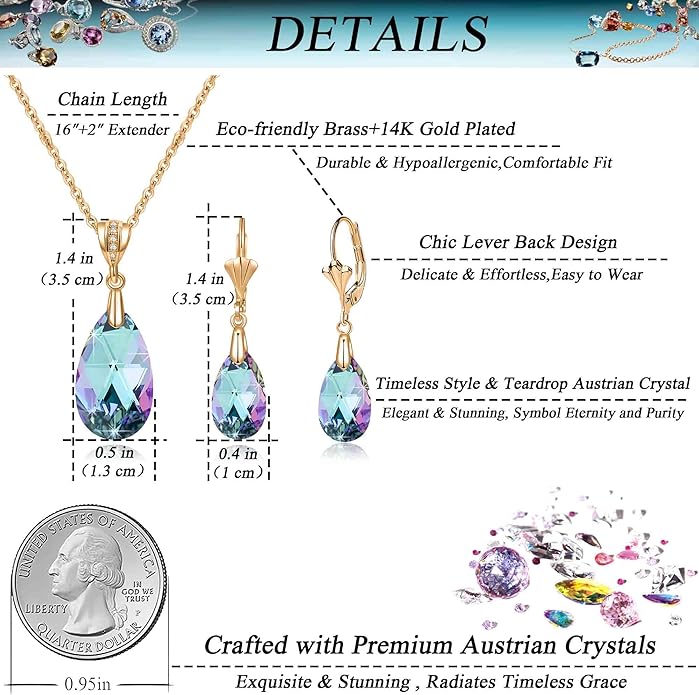 EVEVIC Austrian Crystals Teardrop Pendant Necklace Earrings for Women 14K Gold Plated Hypoallergenic Leverback Drop Dangle Earrings Jewelry Set