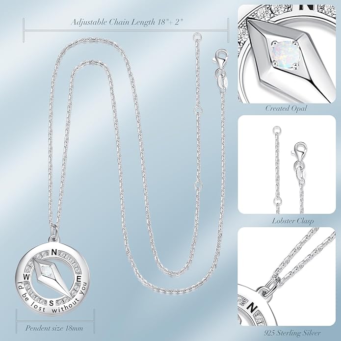 FANCIME Sterling Silver Compass Birthstone Necklaces Fine Jewelry Anniversary Birthday Gifts for Women Her Wife Mom