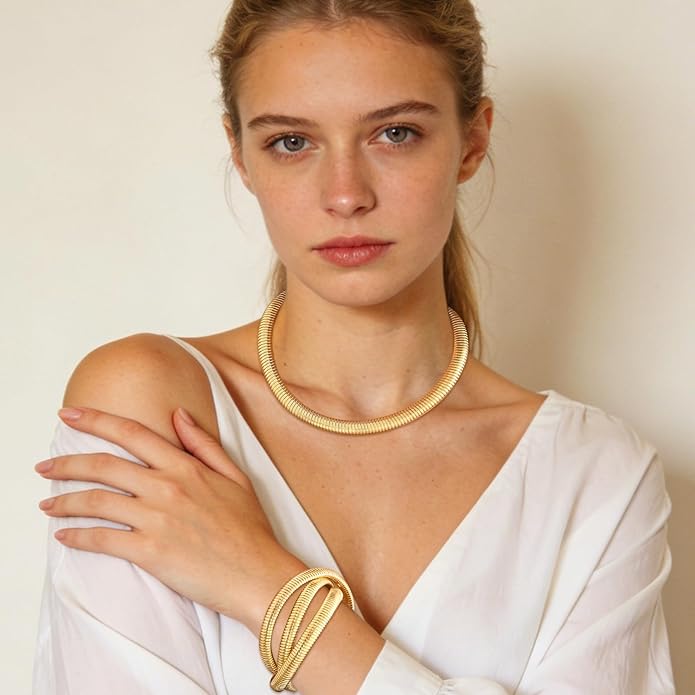 YBMYCM Chunky Gold-plated Silver Jewelry Set Multi Strands Stainless Steel Choker Necklace Bracelet Set for Women