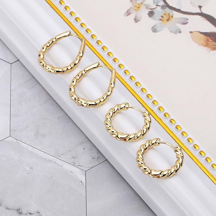 Wgoud Chunky Hoop Earrings Set 14K Gold Plated Hoop Earrings for Women Hypoallergenic, Thick Twisted Huggie Hoops Earring Set