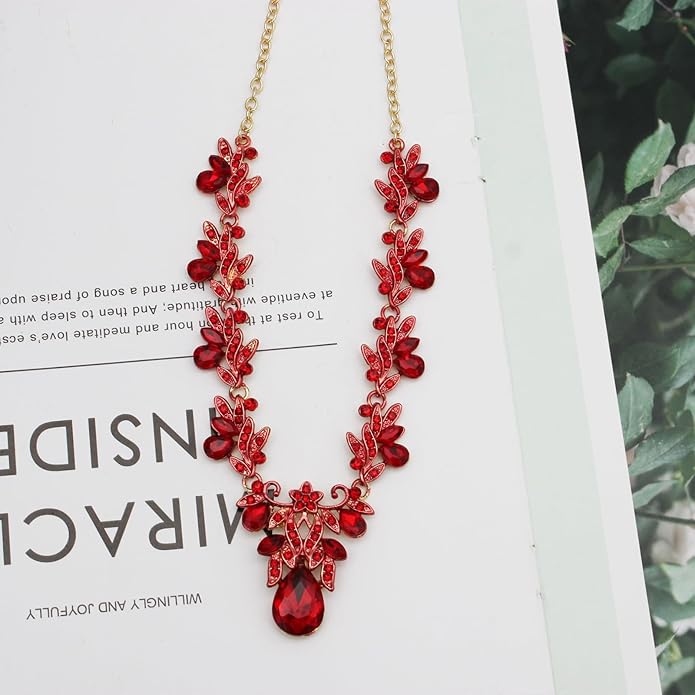 Wedding Leaf Flower Crystal Teardrop Pendant Necklace Dangle Earrings Stretch Bracelet Jewelry Set for Women Bridal Party Prom