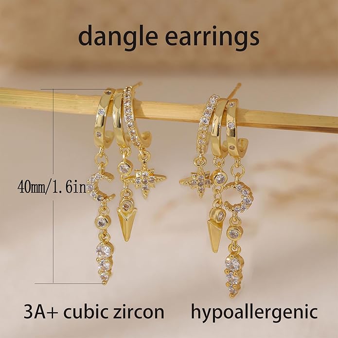 Dangle Earrings For Women,Dainty 14K Gold Plated Hypoallergenic Small Triple Huggie Hoop Earring Gothic Cute Cross Moon Star Drop Earrings For Women Trendy Gold Statement Stud Earring Jewelry