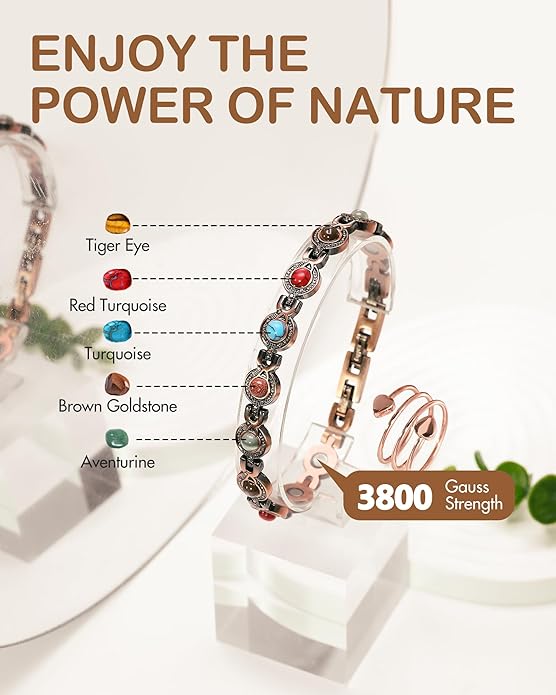 Feraco Pure Copper Bracelets & Rings for Women, Ultra Strength Magnetic Bracelet with 3800 Gauss Magnets & Natural Turquoise & Stones, Adjustable, Jewelry Gift