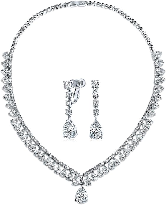 Bridal Jewelry Set Art Deco Vintage Estate Style Cubic Zirconia Marquise Leaf Teardrop AAA CZ Statement Cleavage Choker Necklace & Chandelier Dangle Clip On Or Pierced Earrings For Women Pageant