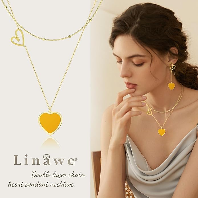 Linawe Layered Choker Heart Pendant Necklace for Women Trendy, Gold/Silver/Rose Gold Chain Stainless Steel Stacked Necklaces, Double Heart Necklace Y2K Preppy Jewelry