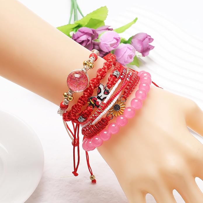 DS 6PCS String beads Charm Bracelets for Teen Girls Handmade Braided Rope Butterfly daisies Eternal flower Boho Surfer Bracelet for women Adjustable friendship Stretch birthday jewelry Gift Friends