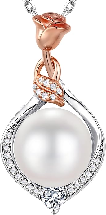 Iefil Valentines Gifts for Her Wife - 10-11mm Freshwater Pearl Necklace, Rose Flower Pearl Necklace, Anniversary Jewelry Gifts for Women Wife Mom Girlfriend Her, 925 Sterling Silver