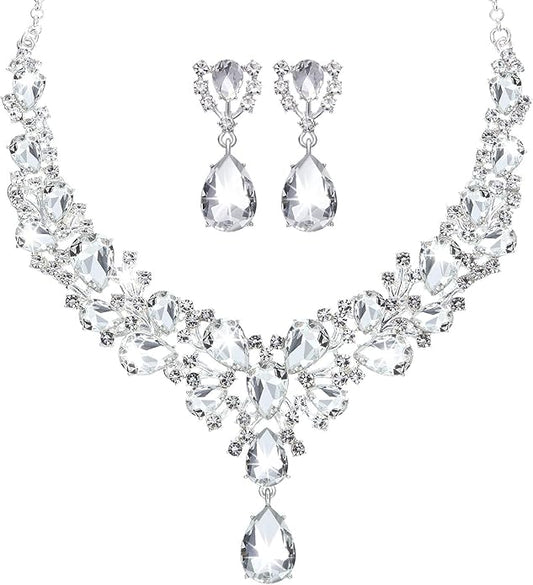 Hicarer Bridal Teardrop Cluster Crystal Jewelry Set for Women Necklace Earrings Wedding
