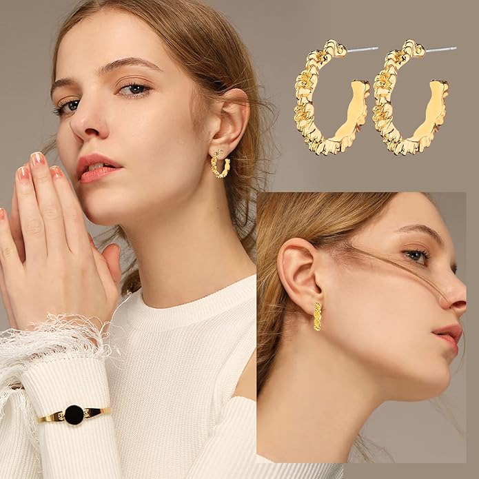 Wgoud Chunky Hoop Earrings Set 14K Gold Plated Hoop Earrings for Women Hypoallergenic, Thick Twisted Huggie Hoops Earring Set
