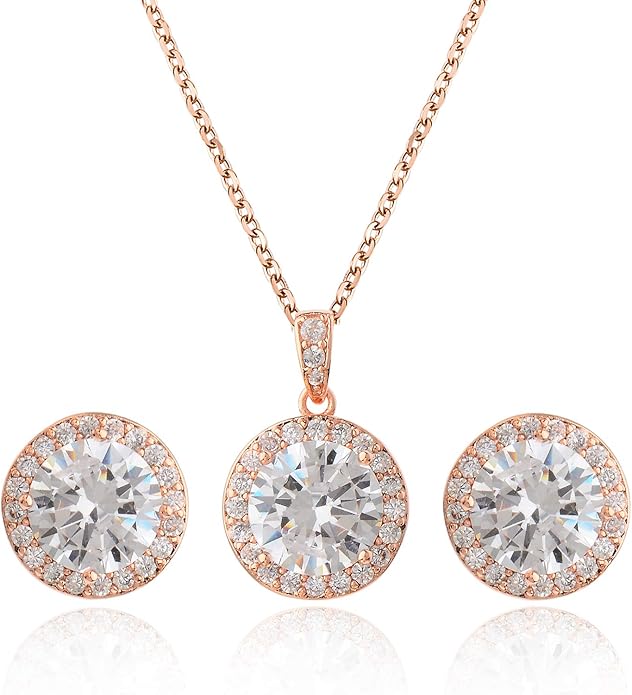 Bridal Crystal Jewelry Set - Sterling Silver Round Cubic Zirconia CZ Rhinestone Halo Birthstone Pendant Necklace Stud Earrings Set for Wedding Bride Bridesmaids Birthday Gift
