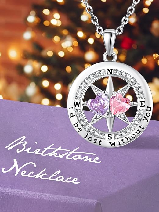 Compass Necklace for Women, Exquisite S925 Valentines Day Anniversary Birthday Gifts for Wife Her Double Birthstone Pendant Jewelry ‘I'd be Lost Without You’