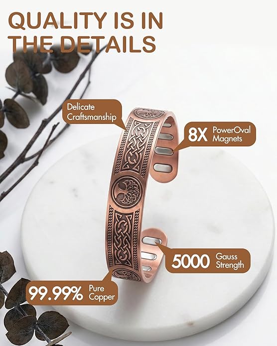 Feraco Copper Bracelet for Men, 5X Ultra Strength Magnetic Cuff Bangle with 5000 Gauss Neodymium Magnets, 99.99% Pure Copper Jewelry Gift, Adjustable