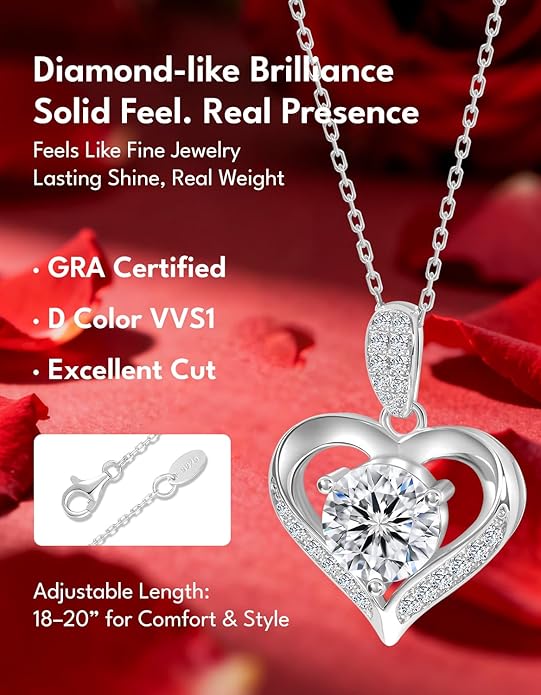 KRKC Moissanite Heart Necklace for Women, 1-3 Carat Lab Created Diamond Pendant, 14K/White Golden Plated S925 Sterling Silver Chains, Valentines Day Christmas Birthday Gifts for Her Wife Anniversary