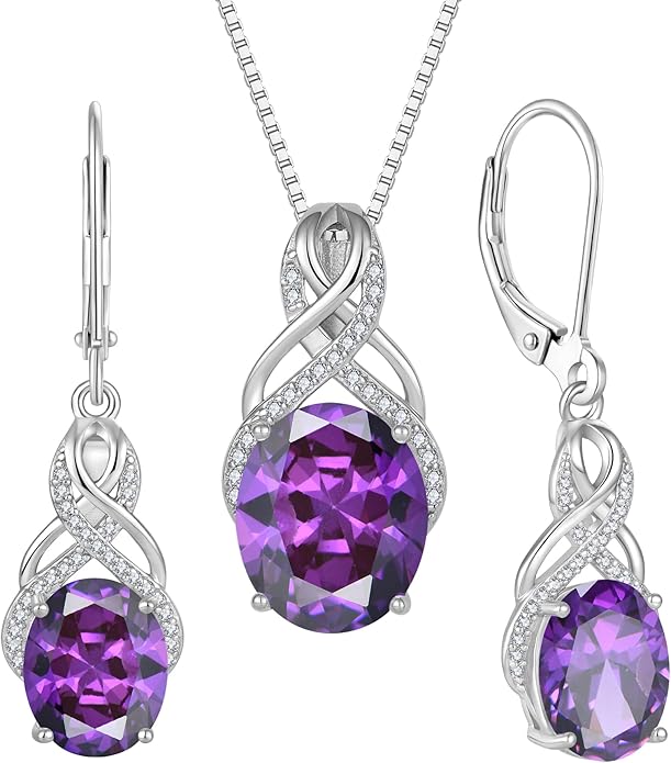 STARCHENIE 925 Sterling Silver Infinity Necklace Earrings for Women Amethyst Drop Dangle Earrings Oval Cut Birthstone Pendant Jewelry Set Gift