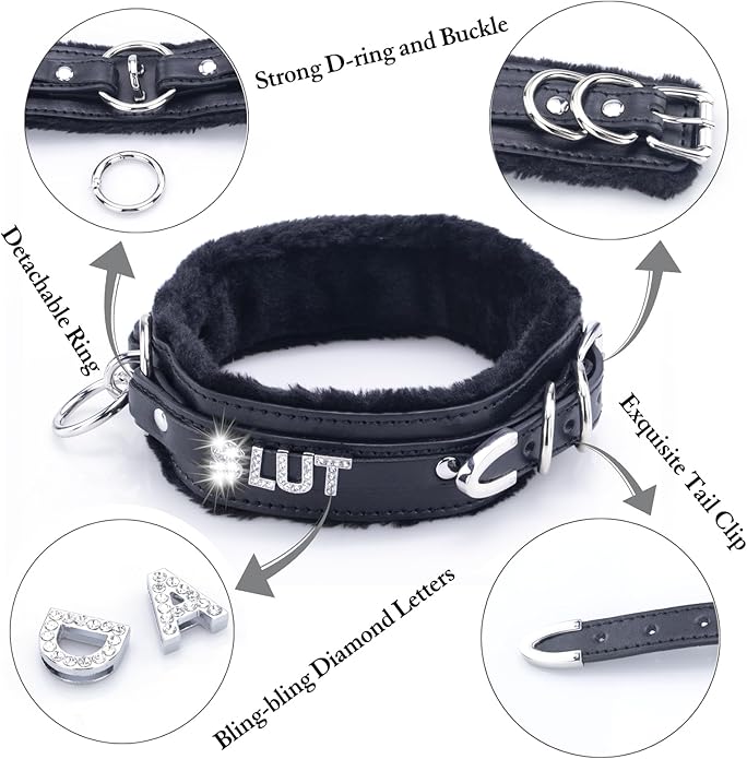 Sparkle Letter Choker Collar For Women, Furry O-ring Leather Collar Punk Gothic Choker Necklace Adjustable Fashion Jewelry, Black