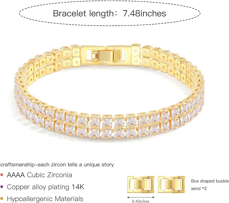 14K Gold Plated Tennis Bracelet for Women – Classic CZ Link Design, Fits 6.0"–7.2" Wrists – Stylish Sparkling Jewelry Gift, Timeless Tennis Bracelets for Women