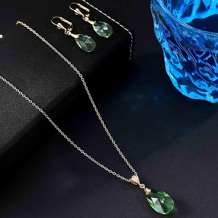 EVEVIC Austrian Crystals Teardrop Pendant Necklace Earrings for Women 14K Gold Plated Hypoallergenic Leverback Drop Dangle Earrings Jewelry Set