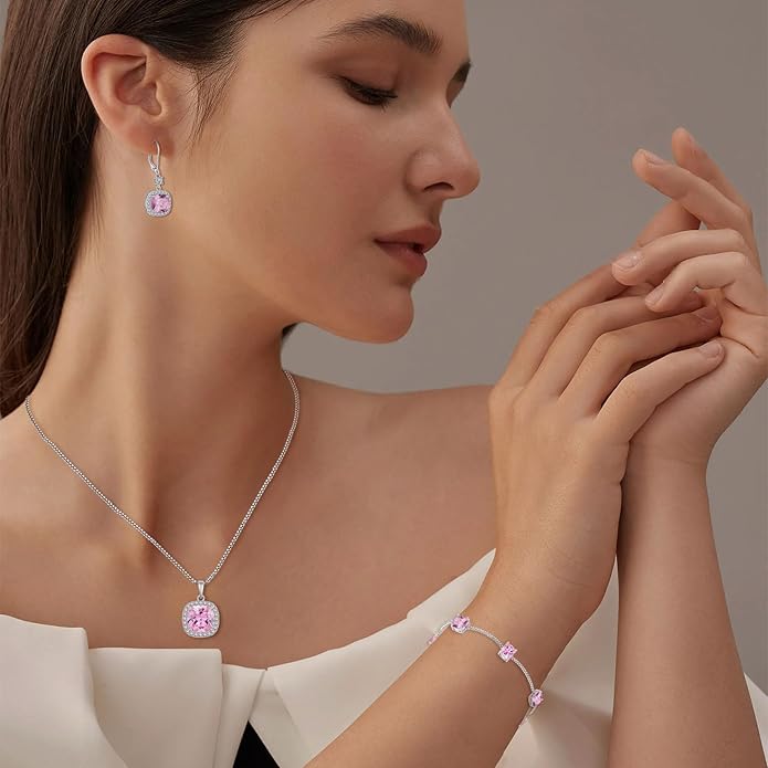 Princess Cut Jewelry Set 925 Sterling Silver Pink Tourmaline Earrings Dangle Drop Leverback October Birthstone Necklace and Bracelet Jewelry Gifts for Women