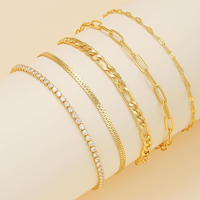 iF YOU Gold Ankle Bracelets for Women, 14k Gold Plated Waterproof Cuban Link Chain Anklets Set, Layered Anklet Bracelets for Women Beach Gift Adjustable Size 5pc