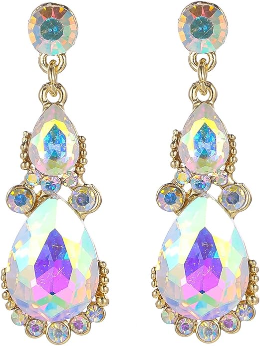 Women's Wedding Bridal Austrian Crystal Glass Teardrop Statement Necklace Dangle Earrings Bracelet Ring Wedding Party Jewelry Set for Bridal Bridesmaid