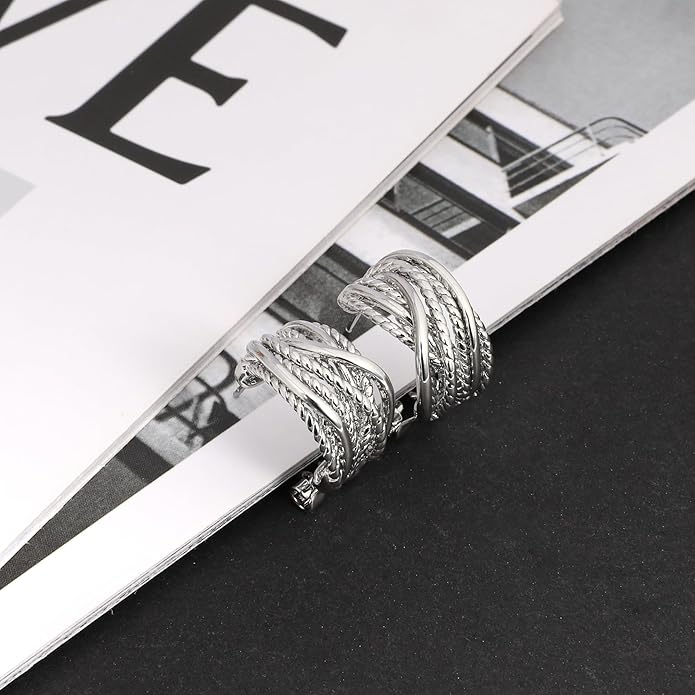 Mytys Two Tone Huggie Hoop Earrings Cross Over Design Twisted Rope Silver Gold Statement Wide Band Clip On Hoops for Women Fashion Jewelry Gift
