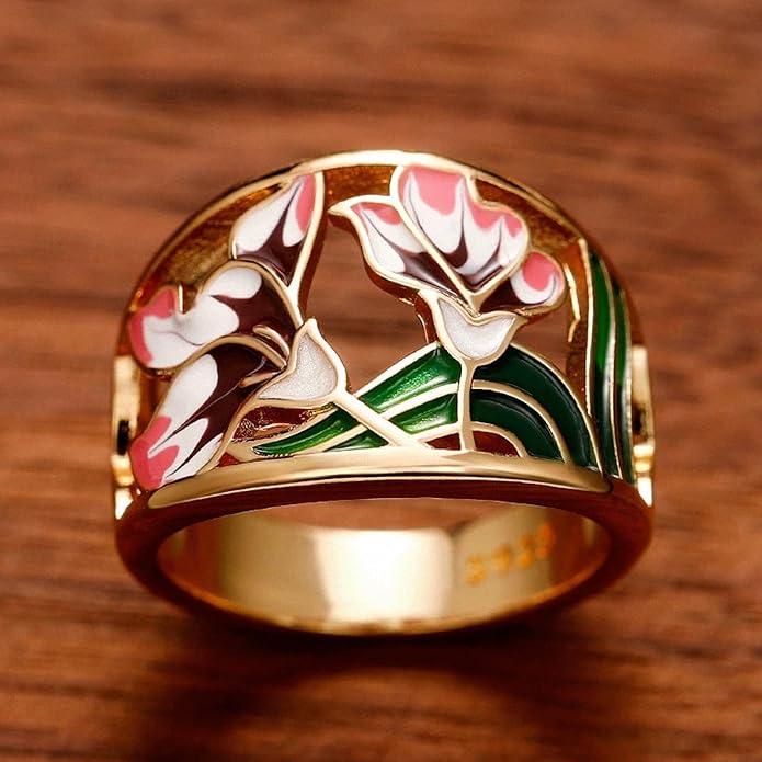 Women Tree of Life Lucky Flower Wide Band Ring Gold Pink Opal Green Enamel Resin Plated Dainty Tree Rhinestone Statement Thumb Index Full Finger Chunky Ring Party Crystal Vintage Jewelry