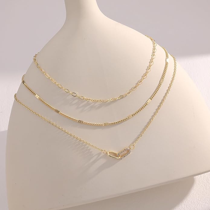 Evabelle Gold Layered Necklace for Women Trendy Jewelry 14K Real Gold Plated Chunky Chain Stackable Necklaces Dainty Choker Necklaces Rectangle Square Pendant